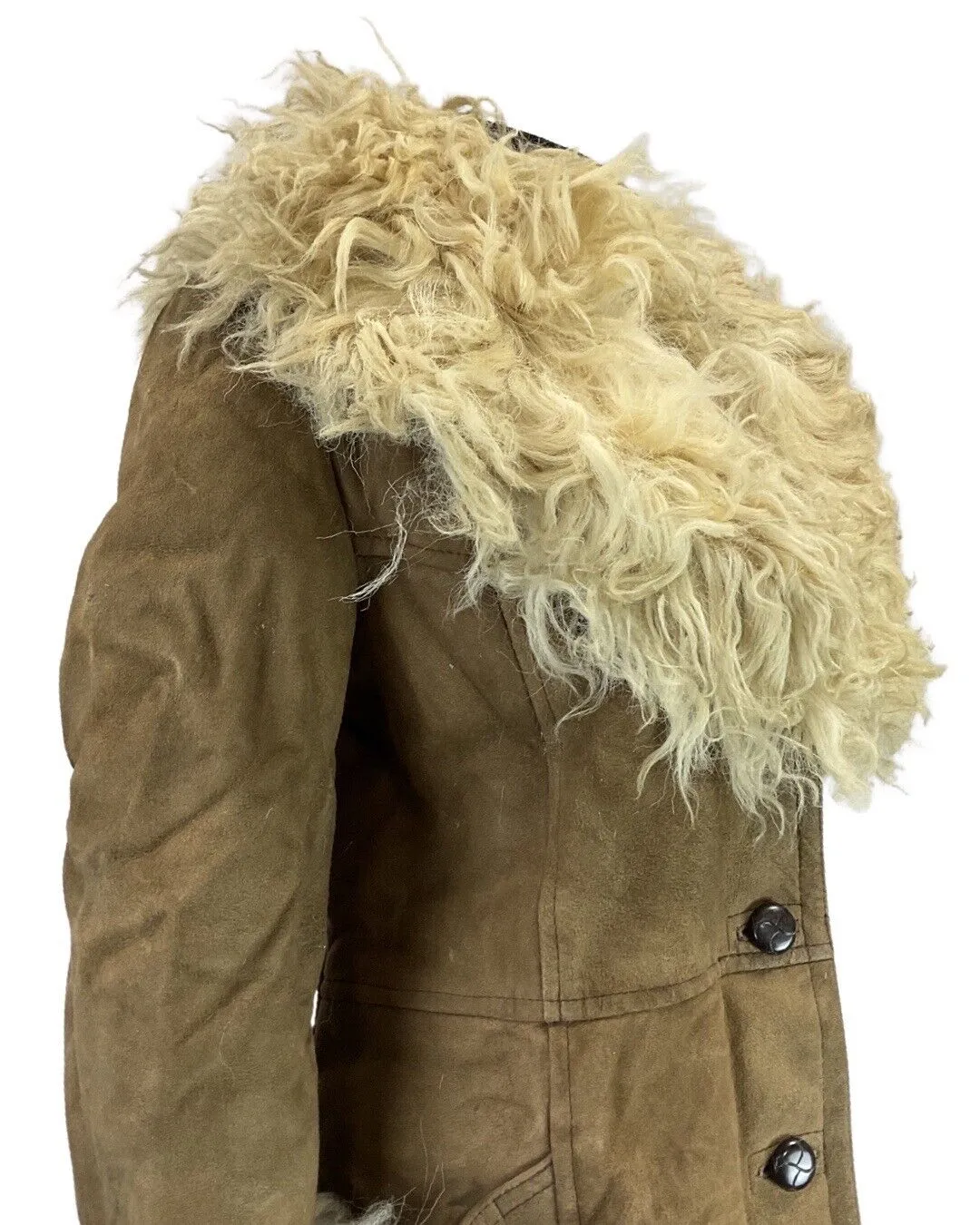 **VINTAGE 60s 70s BROWN CREAM BOHO SUEDE SHEEPSKIN SHEARLING LONG COAT 10