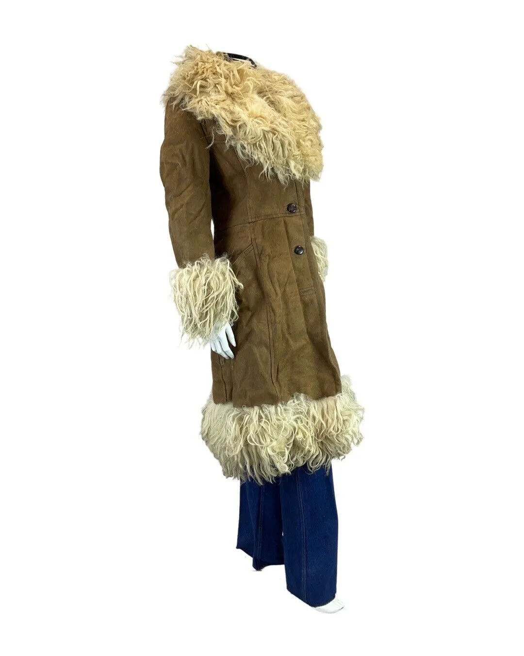 **VINTAGE 60s 70s BROWN CREAM BOHO SUEDE SHEEPSKIN SHEARLING LONG COAT 10