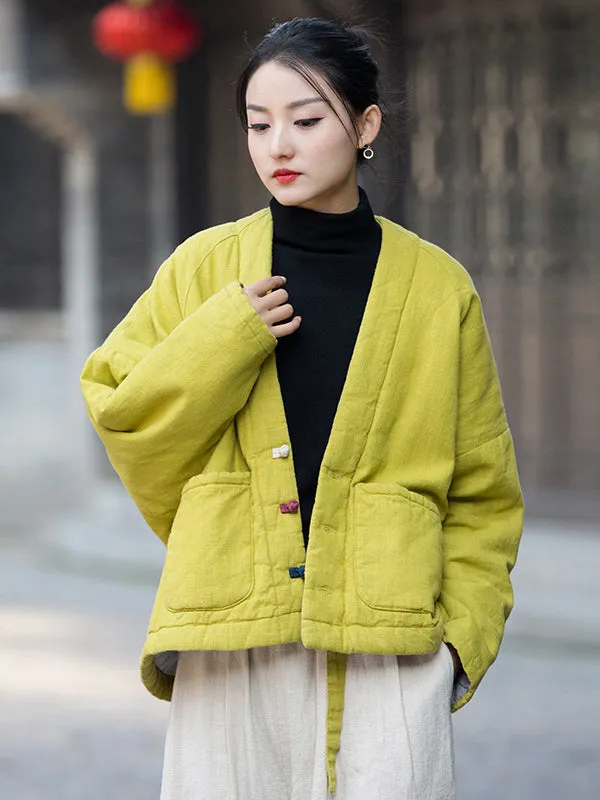 Vintage Loose Long Sleeves Keep Warm V-Neck Padded Coat