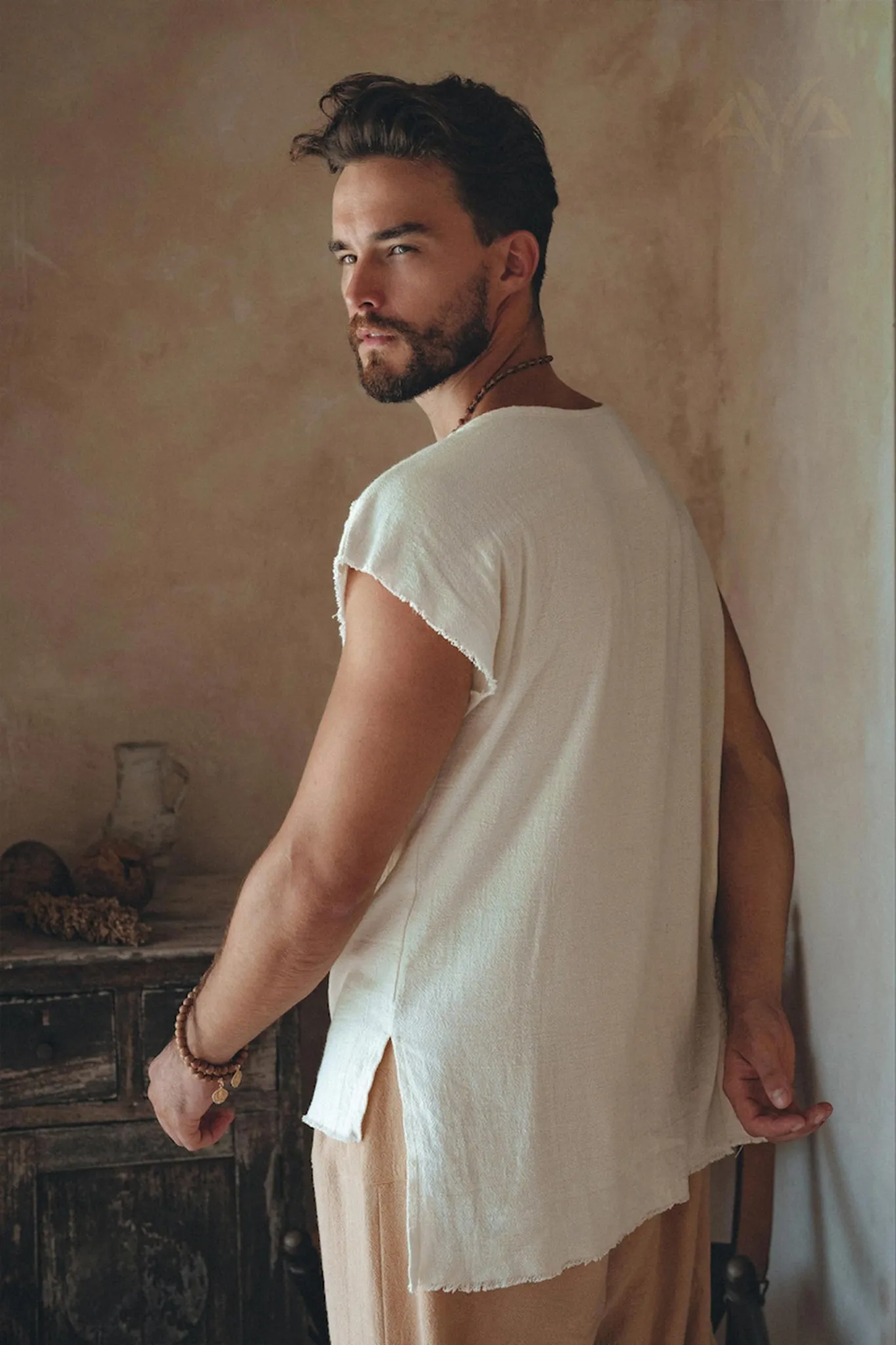 White Raw Edge Thick Cotton Top Tee for Men