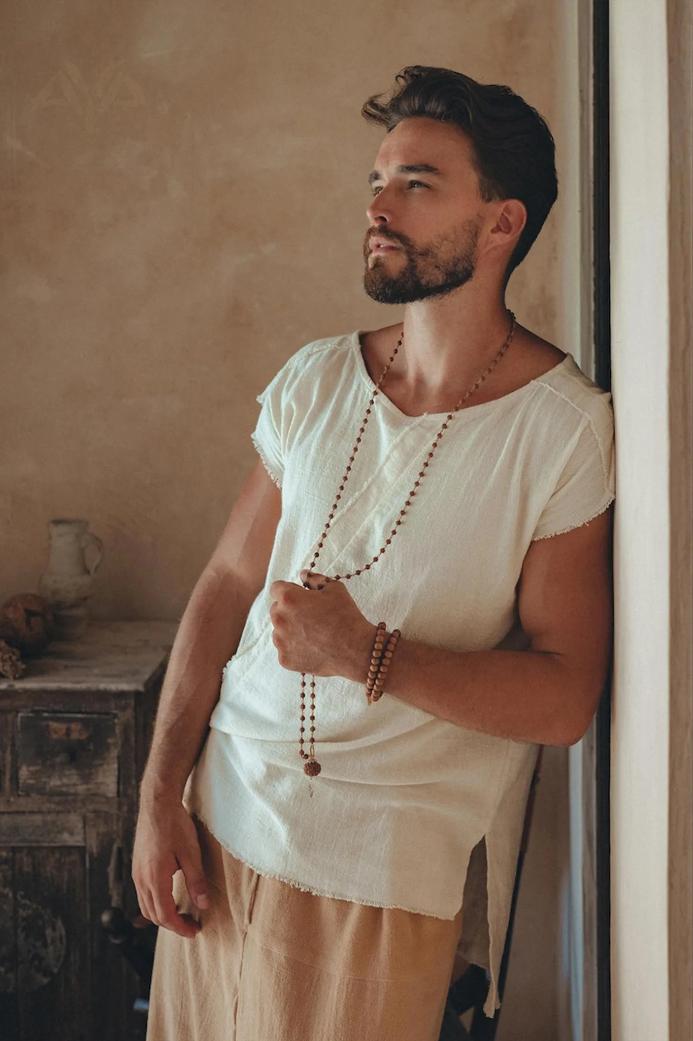 White Raw Edge Thick Cotton Top Tee for Men