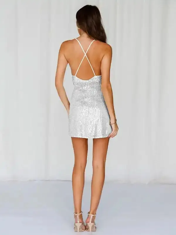 women’s sequin suspender backless party dress