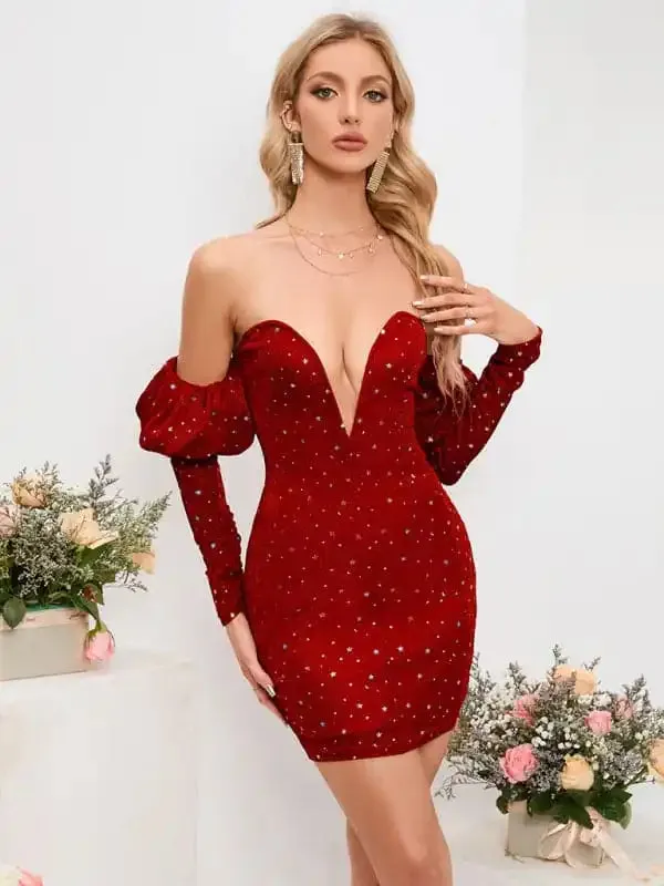 Women’s Sexy Chest Wrapped Short Skirt Starry Sky Deep V Drop Shoulder Fashion Hot Girl Dress