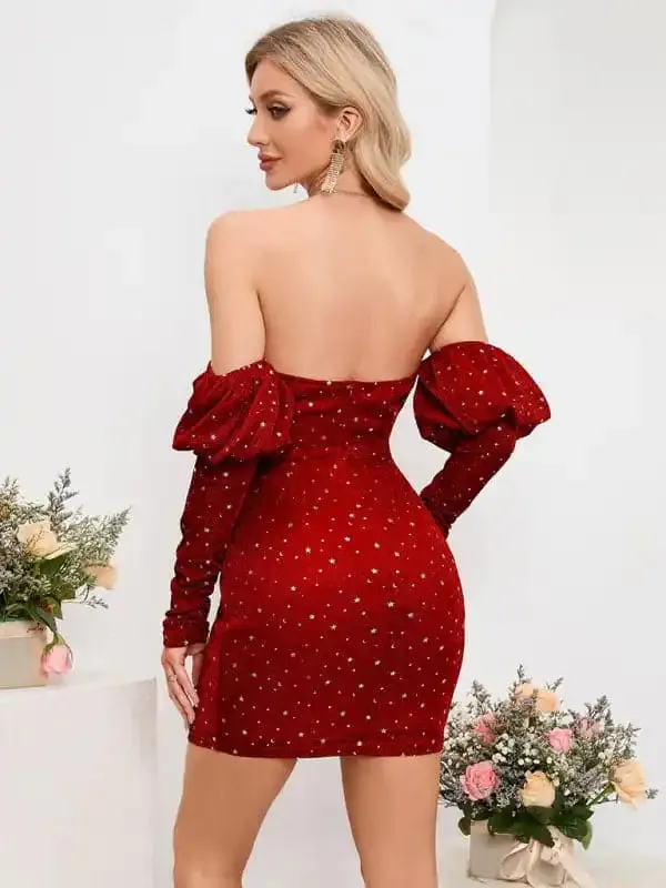 Women’s Sexy Chest Wrapped Short Skirt Starry Sky Deep V Drop Shoulder Fashion Hot Girl Dress