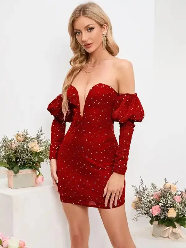 Women’s Sexy Chest Wrapped Short Skirt Starry Sky Deep V Drop Shoulder Fashion Hot Girl Dress