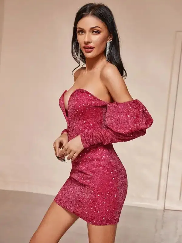 Women’s Sexy Chest Wrapped Short Skirt Starry Sky Deep V Drop Shoulder Fashion Hot Girl Dress