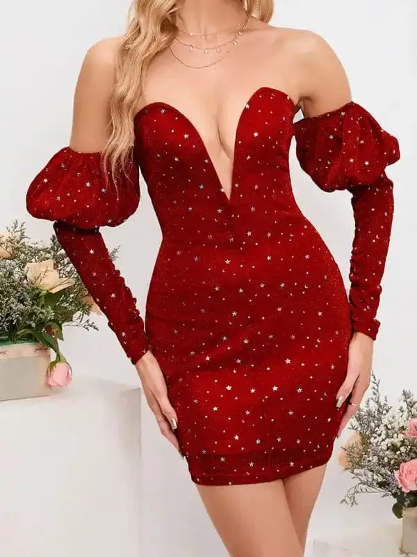 Women’s Sexy Chest Wrapped Short Skirt Starry Sky Deep V Drop Shoulder Fashion Hot Girl Dress