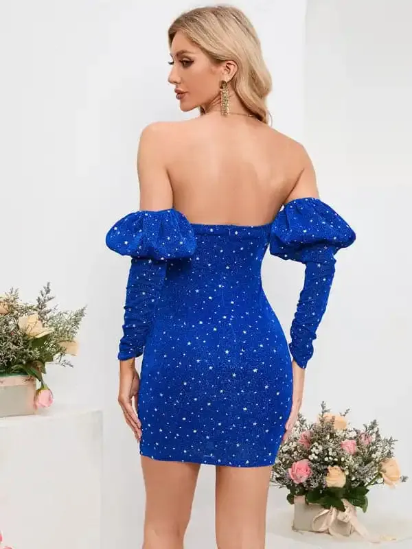 Women’s Sexy Chest Wrapped Short Skirt Starry Sky Deep V Drop Shoulder Fashion Hot Girl Dress